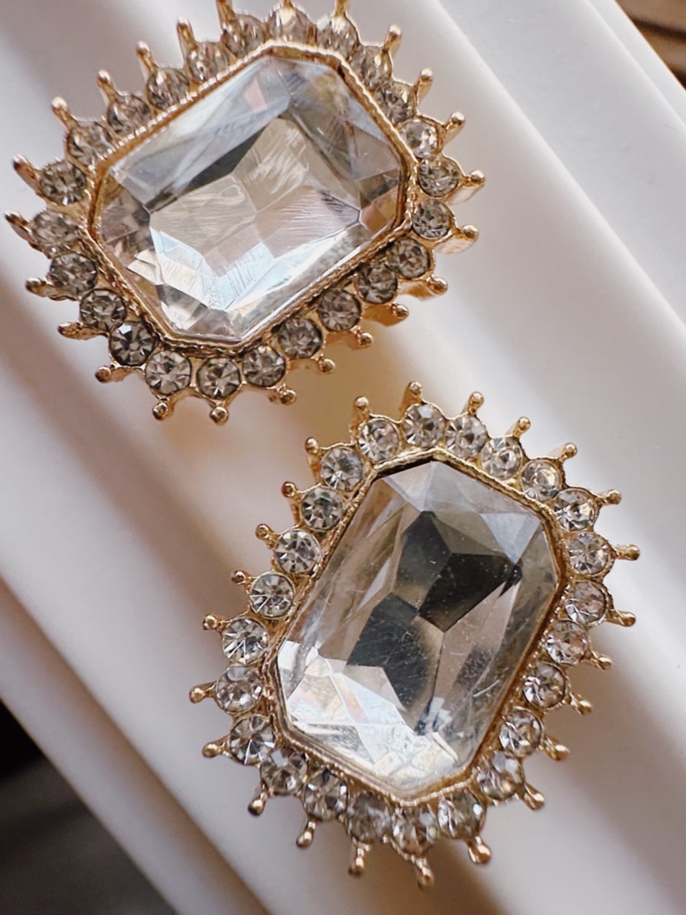 Gold Tone Crystal Halo Rectangle Emerald Cut Clip-On Earrings - Clear